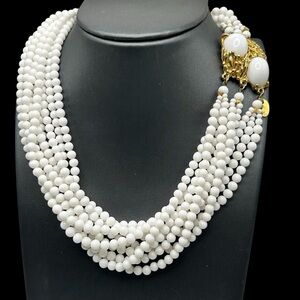 Vintage Les Bernard Multi Strand Milk Glass Bead Necklace